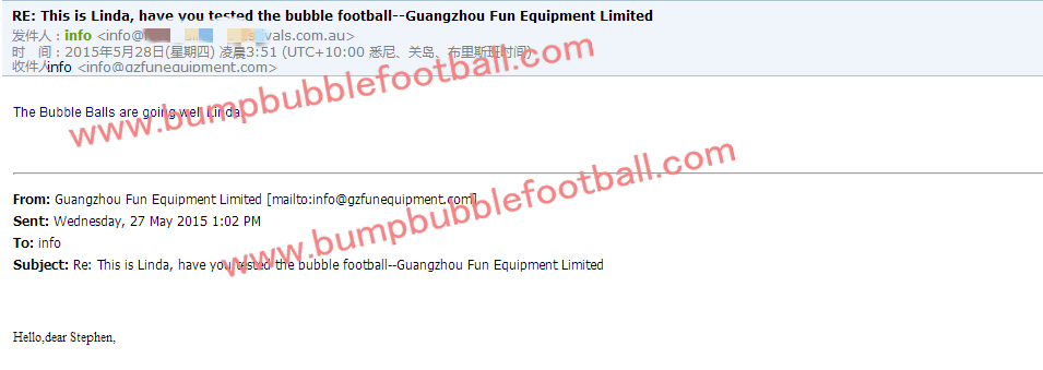 Feedback from Stephen in Austrial for bubble football2015-5-28