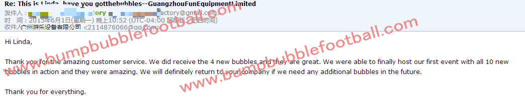 feedback from William again after getting 4new bubble zorbs2015-6-2