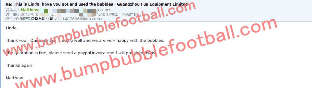 good feedback from Matthew bubble zorbs 2015-5-14